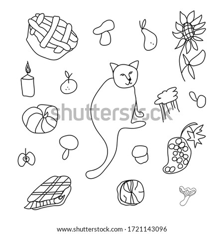 Set simple vector cat, pumpkin,apple,mandarin,grapes,firewood,pie,sunflower.Clip art botanical autumn illustration with black lines on  doodle.Design for coloring,card,web,poster.