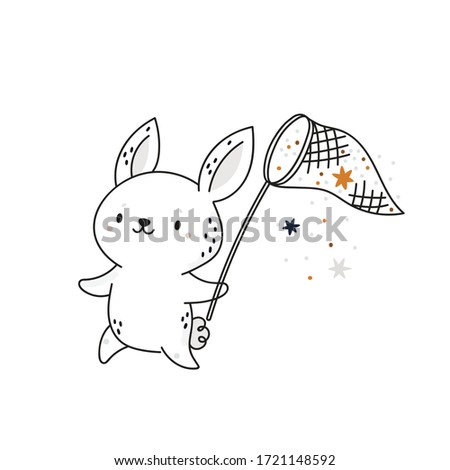 Cute cartoon baby bunny catch stars with a butterfly net. Isolated on white background. Childish animal character vector illustration in pastel colors. Ideal for cards, poster, print, textile, decor