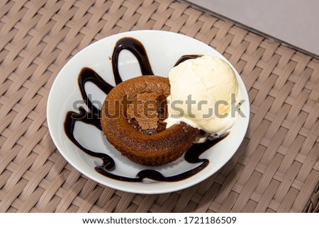 Hot chocolate cake, served with vanilla ice cream