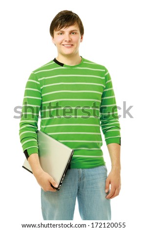 A young man standing  with a laptop, closeup
