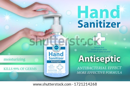 Hand Sanitizer gel ads. Horizontal banner the hand presses on the dispenser. Antiseptic gel in bottles with dispenser. Best protection against viruses. Vector illustration.