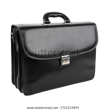 New fashion male business bag or briefcase in black leather isolated on white background. Without shadows Royalty-Free Stock Photo #1721214895
