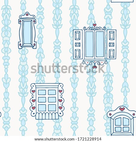 Vector Beautiful Hand Drawn Folklore Windows with Ornaments seamless pattern background.