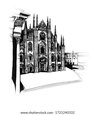Milan cathedral contrasted ink sketch