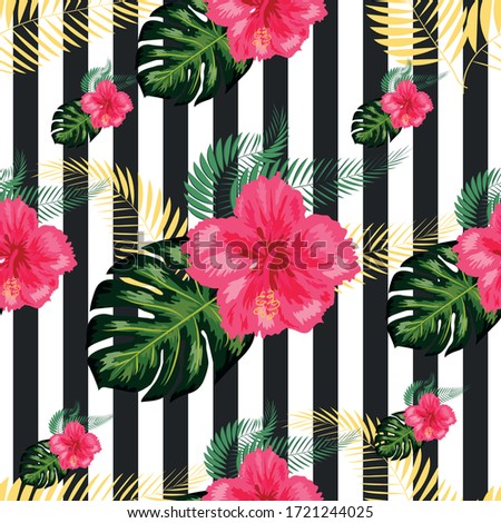 Tropical pattern. Tropical flowers and leaves for your design. Hibiscus, monstera leaf, palm leaves. Seamless pattern