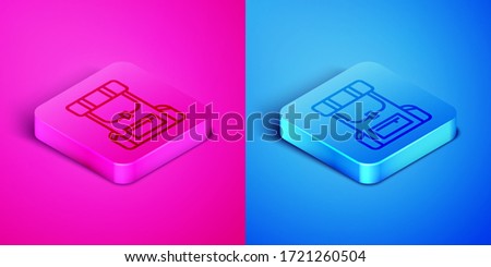 Isometric line Hiking backpack icon isolated on pink and blue background. Camping and mountain exploring backpack. Square button. Vector Illustration