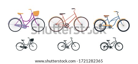 Set of three vintage bicycles in flat style and silhouette icons. 