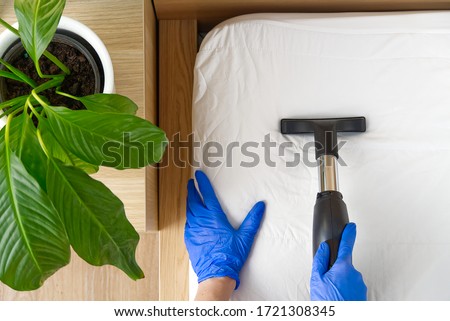 Vacuuming bed. Domestic home cleaning concept. Textile sofa chemical cleaning. Upholstered furniture. Early spring cleaning or regular clean up. Cleaning Service conceptatHome, apartments, hotels Royalty-Free Stock Photo #1721308345