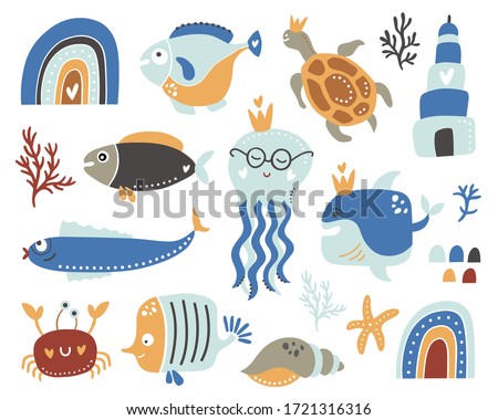 Cute Sea Life Collection Set. Illustrations for nursery decor, baby prints and wall art posters. Vector summer elements.