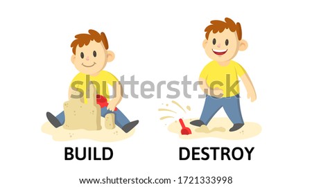 Words BUILD and DESTROY flashcard with text cartoon characters. Opposite verbs explanation card. Flat vector illustration, isolated on white background.