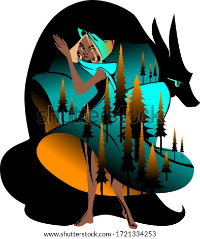 Modern version of Red Hat fairy tail. Red Hat girl with wolf in the dark forest. Vector art of a girl in dress and wolf in pine forest in black, orange and cyan colors.