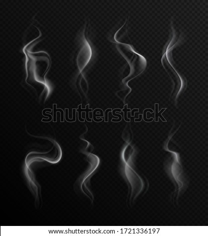 Realistic smoke. Steam collection transparent backdrop. Natural grey fog of fire, hot food or drink. Cigarette air vapor effect vector set