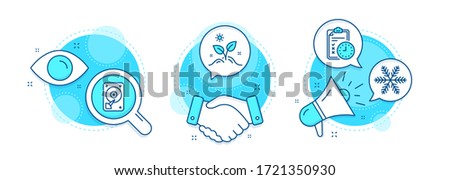 Grow plant, Exam time and Hdd line icons set. Handshake deal, research and promotion complex icons. Snowflake sign. Leaves, Checklist, Hard disk. Air conditioning. Business set. Vector