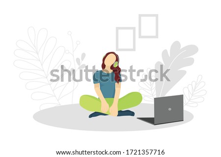 Vector illustration with a girl sitting on a floor and listening to music.Girl at home listening to an audio lesson from a laptop . Poster motivating to listening to music. For sites, articles,posters