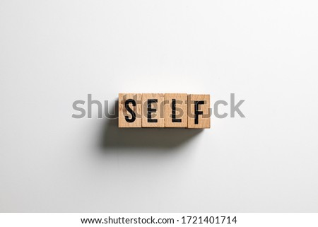 " self " text made of wooden cube on  White background.
