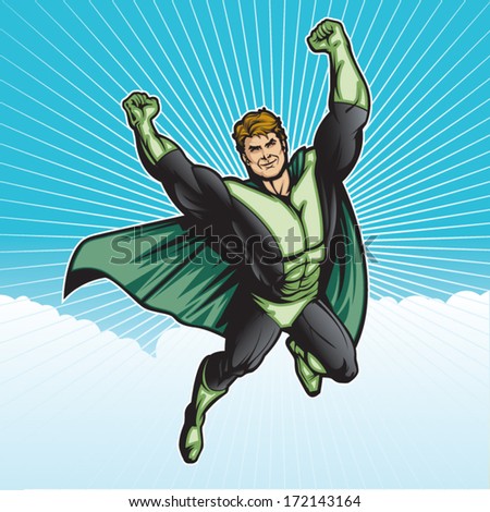 Generic superhero figure flying in the sky.  Layered & easy to edit. See portfolio for similar images.