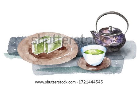 Watercolor painting of Japanese green tea