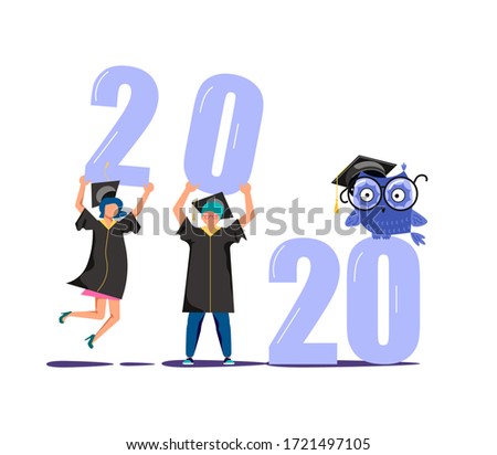 Graduated concept 2020 year, students wearing academic gown and graduation cap holding numbers in their hands. Flat Art Vector Illustration