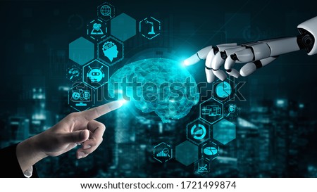 3D rendering artificial intelligence AI research of robot and cyborg development for future of people living. Digital data mining and machine learning technology design for computer brain. Royalty-Free Stock Photo #1721499874