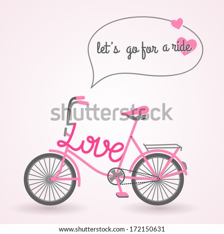 Pink bicycle. Vector illustration. Sport symbol. Text bubble with message and hearts. Love signs and symbols. Valentine's day idea. Template for invitation or greeting card.