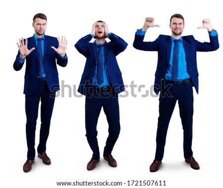 Collage of young businessman shows different gestures. Isolated on white background.