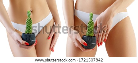 Collage of woman holds a green cactus over her white panties background. Depilation concept.