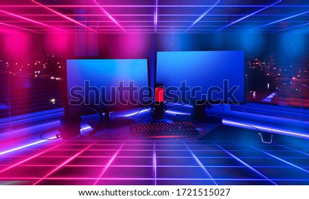 Room with neon lights. Game Zone. Interior for computer games, game sports and stream. Abstract neon background in the interior. Night view of the room, white table, neon light. Blue and pink neon.