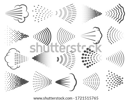 Spray steam icons. Vector cleanning deodorant sprayed line icon set, spraying water steam nozzle flows vector signs Royalty-Free Stock Photo #1721515765