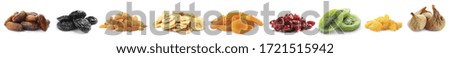 Set of different dry fruits on white background. Banner design Royalty-Free Stock Photo #1721515942
