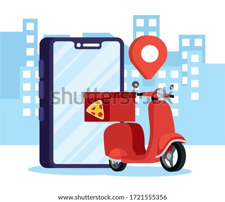 motorcycle delivery pizza service with smartphone vector illustration design
