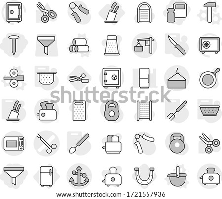 Editable thin line isolated vector icon set - scales weight, funnel, nail, surgical clamp vector, loading, crane, anchor, safe, fridge, stands for knives, ladle, pipes, metal rolling, hammer, fork