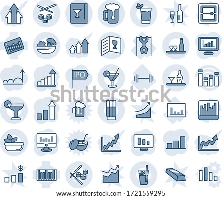 Blue tint and shade editable vector line icon set - growth statistic vector, monitor, barbell, pull ups, statistics, barcode, equalizer, scanner, bar graph, alcohol, wine card, drink, cocktail, beer