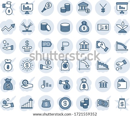Blue tint and shade editable vector line icon set - growth statistic vector, money bag, crisis graph, yen, ruble, coin, dollar sun, bank, account, investment, cash pay, encashment, wallet, check