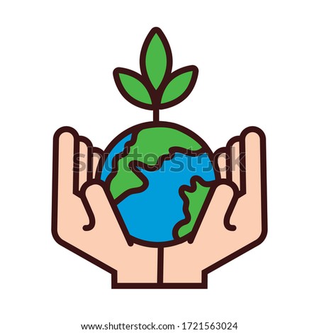 hands lifting world planet earth and plant line and fill style vector illustration design