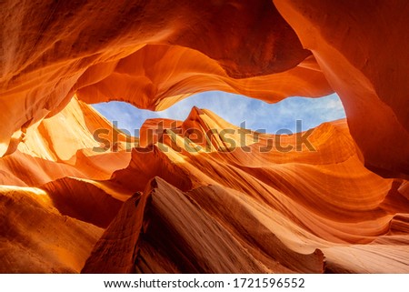 Lower Antelope Canyon or Corkscrew slot canyon National park in the Navajo Reservation near Page, Arizona USA. Antelope canyon is United States landmark and tourist spot. Royalty-Free Stock Photo #1721596552