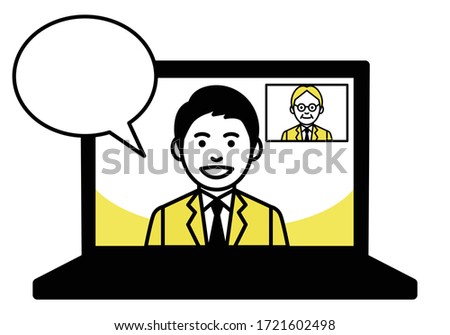 Online meeting on laptop computer with speech bubbles. Vector illustration.