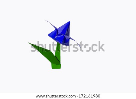 Origami blue flower, tulip, isolated on white