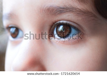 Close-up of serious kids brown eyes. Portrait of caucasian child girl. Girl don't looks at camera. Soft selective focus Royalty-Free Stock Photo #1721620654