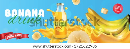 Natural banana drink horizontal poster with fresh fruits splashes and red ribbon for brand name vector illustration 
