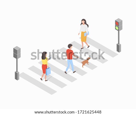 Crosswalk isometric concept. Colorful people, pedestrians, man and woman characters cross the street at a green traffic light. Lifestyle, trendy 3d flat vector illustration.