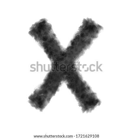 Letter X made from black clouds or smoke on a white background with copy space, not render.