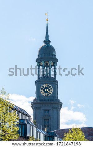 Clock tower of Church of St. Michael, Hamburg, Germany. A landmark of the city and it is considered to be one of the finest Hanseatic Protestant baroque churches