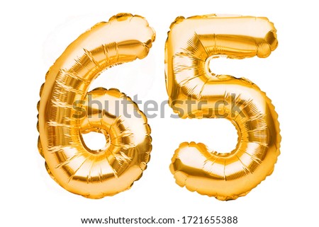 Number 65 sixty five made of golden inflatable balloons isolated on white. Helium balloons, gold foil numbers. Party decoration, anniversary sign for holidays, celebration, birthday, carnival