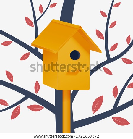 Birdhouse on a background of wood with leaves. Vector illustration.