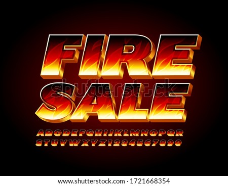 Vector bright sign Fire Sale with 3D burning Font. Flaming Alphabet Letters and Numbers