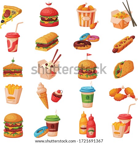 Fast Food Dishes with Drinks and Desserts Collection, Objects for Cafe or Restaurant Menu Vector Illustration Royalty-Free Stock Photo #1721691367