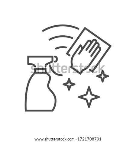 Cleaning related vector thin line icon. Disinfectant Spray and Hand with a Wipe Surface. Isolated on white background. Editable stroke. Vector illustration.
