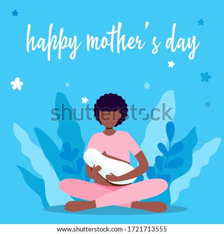 Mother's day card. Young woman holding her newborn baby and nursing him in hands. Lactation concept. Breast feeding week banner, happy mother day clip art. 