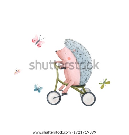 Beautiful stock illustration with cute watercolor hedgehog on bike. Baby animal with bicycle hand drawn painting.