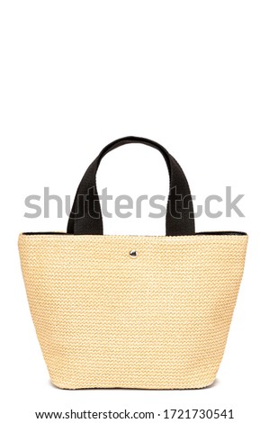 Straw summer handbag with black textile handles